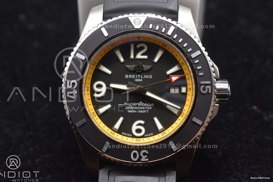 A Bezel Dial Rehaut Best Superocean Edition and 44 1:1 On Rubber Casual Black with TF Automatic Strap Yellow Black 471 0103
